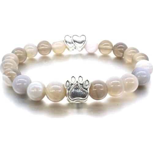 8mm Gray Onyx Natural Stone Beads Bracelets Double Hearts Dog Cat Footprint Paw Charms Bracelet Pet Lover Strench Jewelry