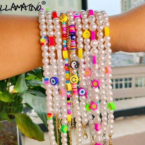 Bohemia Smiley Face Pearl Evil Eye Beads Choker Necklace For Women Handmade Rainbow Clay Flowers Heart Beaded Necklaces Jewelry