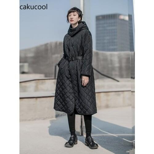 Cakucool 2019 Winter Dark Wind Simple Homemade Lingge Pressed Cotton Long Knee Overcoat Cotton Jacket Free Belt