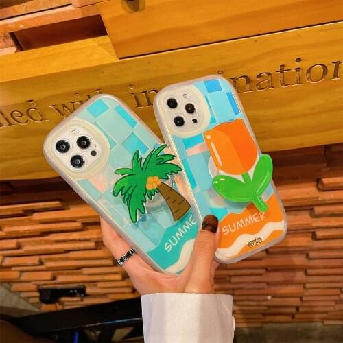 Korean ins Laser Flower and Coconut Tree Bracket Phone Case for 12 Pro 11 Max XS X XR 7 8Plus Cartoon Shockproof Silicone Cover