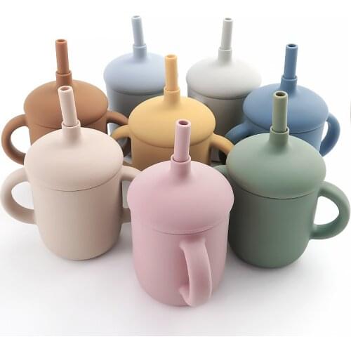 Baby Feeding Drinkware Liquid Feed Straw Cup Kids Learning Mugs Double Handle Sippy Cup Silicone Tableware Toddler Water Bottle