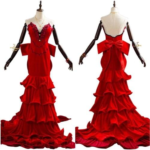FF 7 Final Fantasy VII Aerith Gainsborough Cosplay Costume Adult Women Girls Long Red Dress Gown Halloween Carnival Costumes