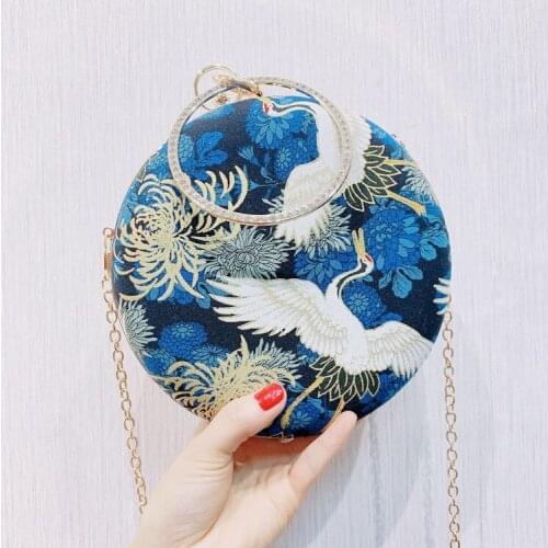 Chinese Vintage Crane Embroidery Evening Bag Women Circular Mini Messenger Bag Elegant Women Makeup Phone Lipstick Bag Handbag