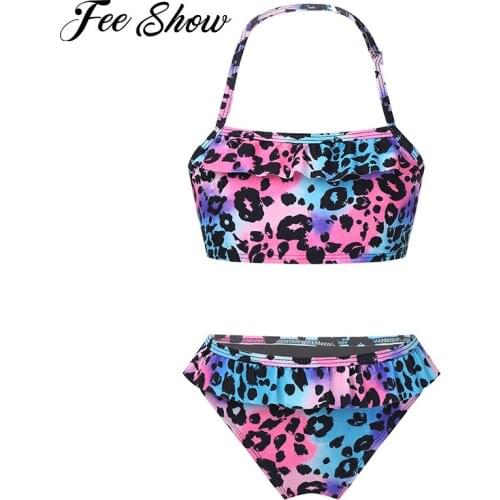 2Pcs Kids Girls Printed Bikinis Set Brazilian Swimwear Beach Bathing Suits Halter Neck Cropped Top Ruffled Swimming Briefs Sets