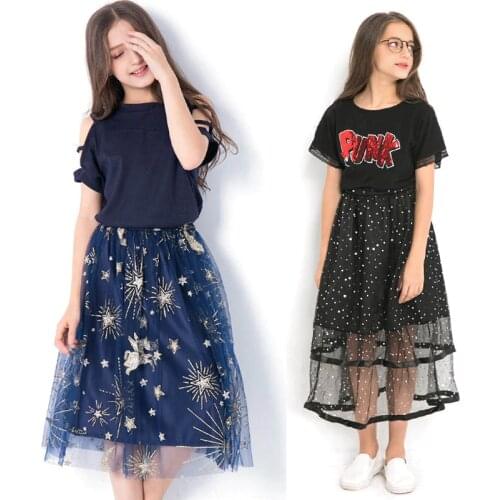 Kids Clothing Set Teen Girls Clothes Children Costume Summer Embroidery T shirt Mesh Sequin Skirt Suit for Girls Outfits 12 Year
