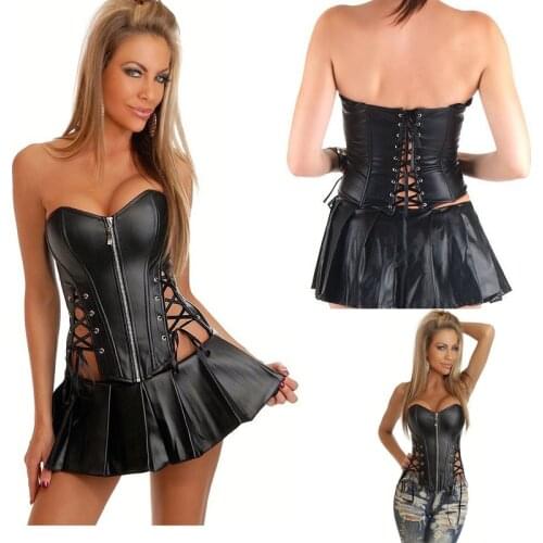 Women Sexy Leather Steampunk Corset PVC Zip Front Back Bandage Top Overbust Body Shaper Waist Lingerie Gothic Dominatrix Dress