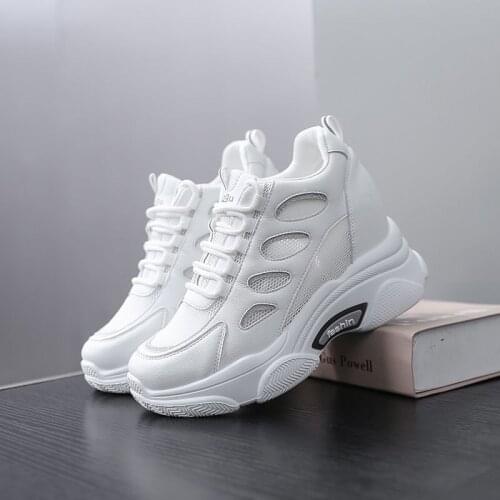 Fashion Breathable White Platform Height Increase Shoes Korean Athletic Shoes Mesh Plus Leather Shoes For Women Sneakers