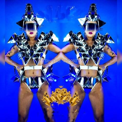 Nightclub Space Stars Mirror Metal Bikini Suit Led Luminous Headwear Halloween Christmas Party Event Mirror Clothes DS Costume