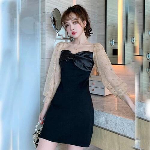 Fashion Sexy Party Beach Birthday Black Dress Women New Simple Slim Mesh Sleeves Female Dress A118