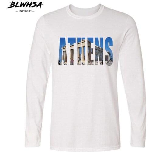 BLWHSA Greece Capital Athens City Print Casual Cotton T-shirts Men Long Sleeve O-neck Tshirt Autumn Spring White Mens Tops Tees