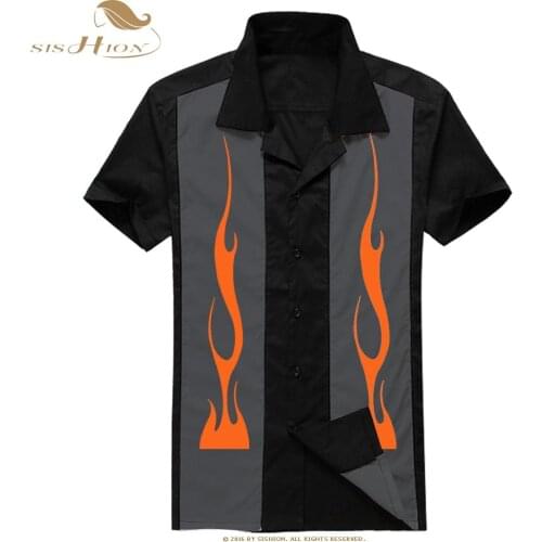 SISHION Retro Men Tops Short Sleeve Flame N Hot Print punk hip-hop Vintage Black Men Shirt ST107 chemise homme Plus Size
