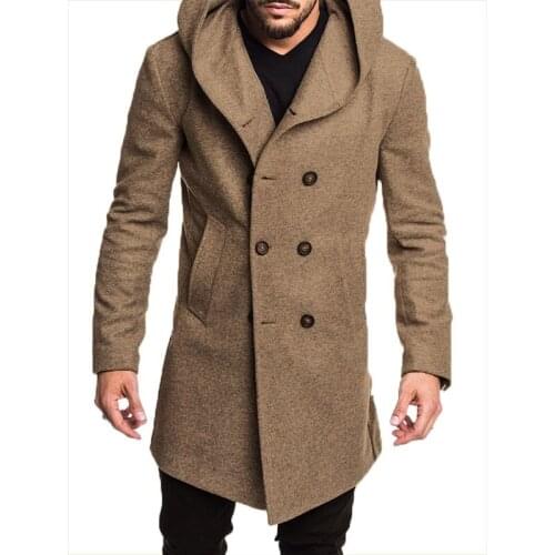 Winter Autumn 2021 Mens Woolen Blends Warm Casual Hooded Coat Mens Double-breasted Trench British Style Slim Solid Overcoats