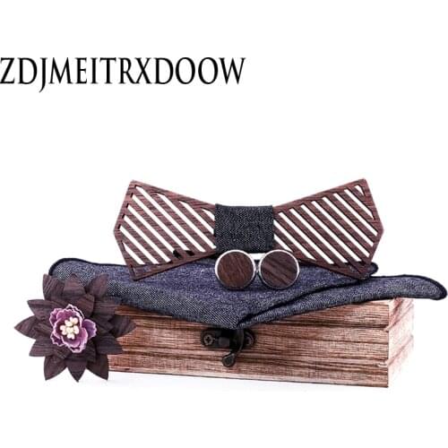 Strip Wooden Bow Tie Handkerchief Set Mens Bowtie Wood Carved And Box Bow Tie Bowtie Ties For Men Gravata Cravate Black Tie
