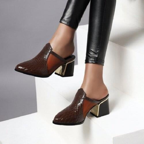 New 2021 Pointed Toe Summer Mules Slippers Shoes Women Crocodile Pattern Flip Flops Thick Heel Slippers Sandalia Feminina 43