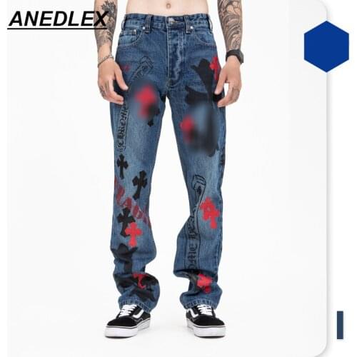 New High Street Fashion Cross Jeans Men/Women 2021 Hip-Hop Casual Jeans Homme Washed Dark Blue Straight Loose Men Jeans Trousers