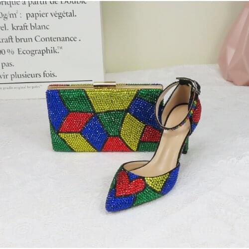 2020 New Arrive Women wedding shoes with matching bags Multicolored Crystal High heels Ladies Party Dress shoes women Pumps
