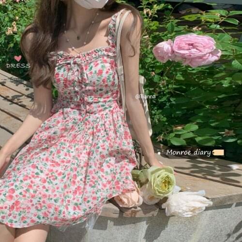 Dress French Waist Slim Floral Suspender Dress Summer New Style Ladies Gentle Skirt