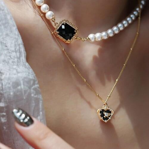 Origin Summer Fashion Double Layer Love Heart Pearl Pendant Necklace for Women Asymmetric Geometric Rhinestone Necklace Jewelry