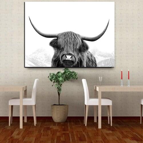 Simple Nordic Decoration Nursery Rabbit Girl Wall Art,Black and white Highland Cow Canvas Art Print and PosterDrop shipping