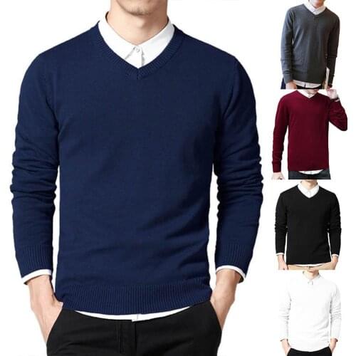 2020spring fashion Men Solid Color V Neck Long Sleeve Slim Pullover Plus Size Knitted Sweater Pullover Knitted Casual Streetwear
