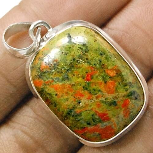 Hand make Genuine Unakite Pendant 100% 925 Sterling Silver Jewellery 42mm 12.6g AP0405