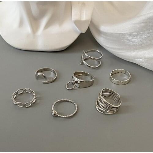 Silvology 925 Sterling Silver 7 Style Glossy Line Rings for Women Vintage Chain Multilayer Layers Rings Temperament Jewelry Gift