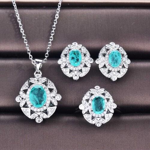 Luxury Paraiba Women Temperament Stud Earrings Emerald Gemstone Pendant Necklace Resizable Ring Bridal Silver 925 Jewelry Set
