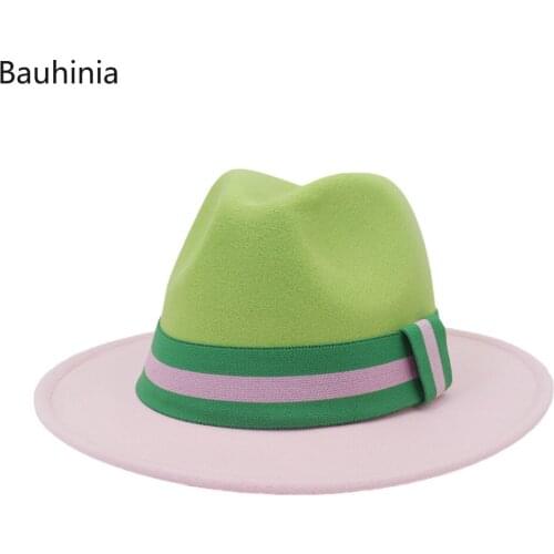 2022 New Arrival Green and Pink Patchwork Wide Brim Jazz Fedora Hats Fashion Women Wool Felt Wedding Formal Hat