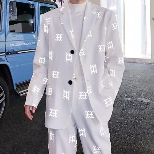 Reflective Night Lighting Graphic Print BlackGothic Blazer Jacket BF Harajuku fashion DJ Show Ins.Pop Dance Costume Fluorescence