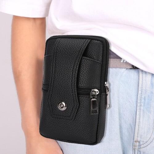 Vintage Men Solid Color PU Leather Waist Bag Casual Male Small Wallet Mobile Phone Bags Multi Layer Coin Purse