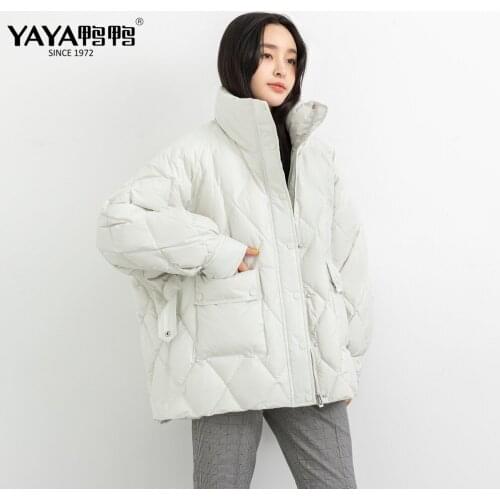 YAYA 2021 Women Puffer Down Jackets Stand-up Collar Windbreak Early Spring Winter White Duck Feather Ladies Coat Padded Parkas