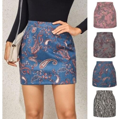 2021 Womens Suede Printed Skirt European American Autumn Winter Fashion Cashew Flower Zipper A-shaped Skirt Girl Blue