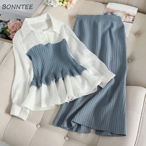 Two Pieces Women Sets Patchwork Shirt and Knitting Skirt Korean Style Chic Trendy Popular Tender Elegant OL Leisure Female Ins