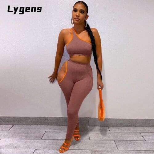 Lygens One Shoulder Crop Top High Waist Side Hollow Out Leggings Set Casual Streetwear Women 2021 Summer 2 Pieces Fitness
