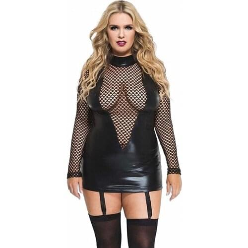 Plus Size Fishnet Patchwork Long Sleeve Mini Dress Women Sexy See Through Bandage Vestido Exotic Faux Leather Dress With Garter
