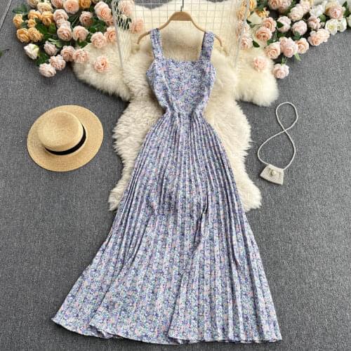 Sweet Floral Maxi Vestidos Womens Summer Dress 2021 New Square Neck Pleated Chiffon Holiday Style Sling Dress GL132