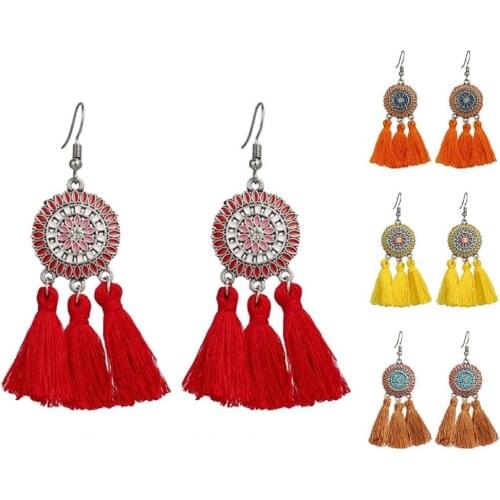 2021 Colorful Retro Fashion Earrings Bohemian Charming Look Alloy Sunflower Tassel Dangle Jewelry Earrings for Birthday