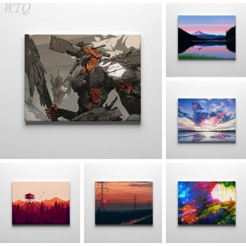 Anime Posters Mountains Lakes Red Sun Landscape Wall Poster Canvas Painting Wall Decor Posters Wall Art Picture Home Decoration