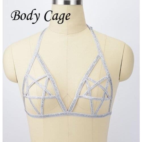 Body Cage Fetish Harness Chest Wear Pentagram Bra Women Sexy Bondage Lingerie Handmade Cupless Body Harness Goth Crop Top
