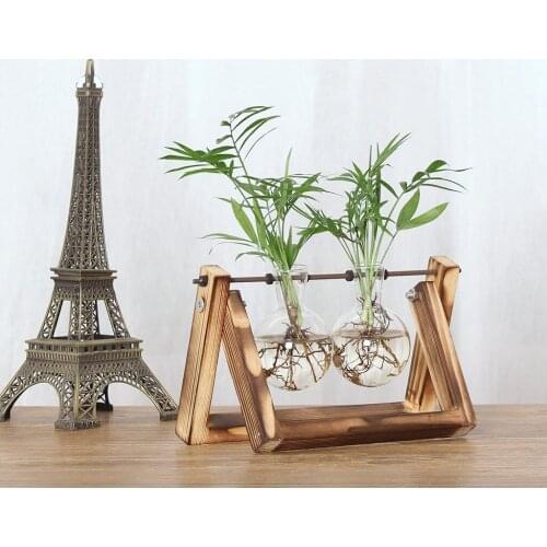 Bonsai Decor flower vase Plant Transparent Vase Wooden Frame vase decoratio Glass Tabletop Plant flower shaped bowl