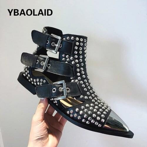 Summer Iron-toed Metal Buckle Leather Low-heeled Short Boots Pointed Rivets Velcro Belt Decoration Casual Womens Sandals