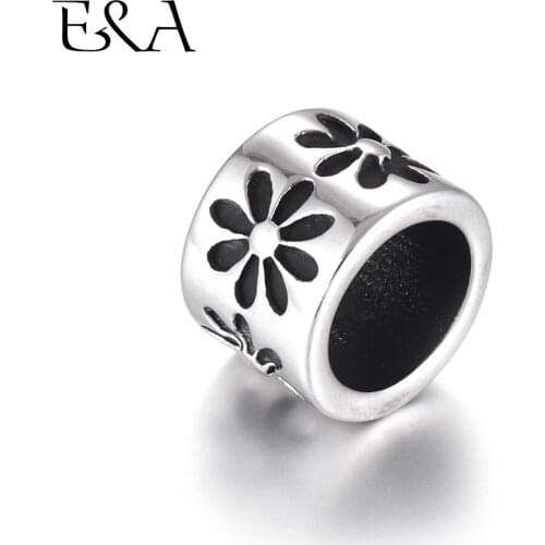 Stainless Steel Beads Cylinder Floral Large Hole Slide Bead Spacer Fit 8mm Leather Cord Bracelet Jewelry Making DIY Supplies