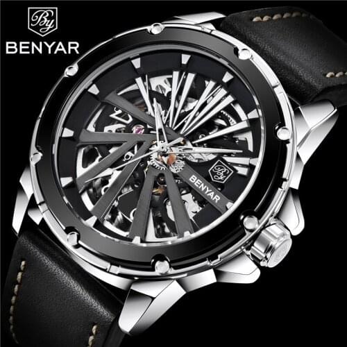 Benyar Man Wristwatch Skeleton Automatic Mechanical Male Clock Top Brand Luxury Sport Military Genuine Leather Men Watch 5173