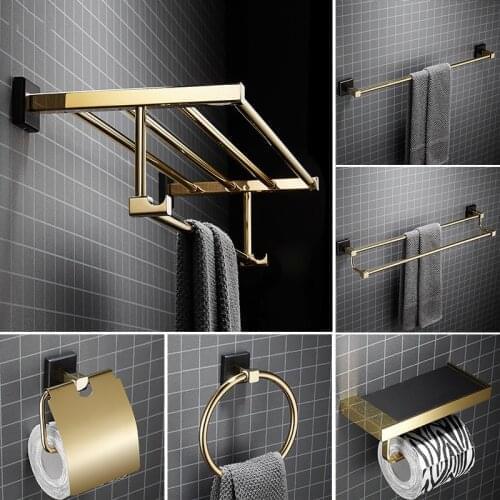 Black & Gold Bathroom Accessorie Set Soild Brass Towel Rack/Ring Paper/Toilet Brush Tissue Holder Hook Bath Hardware New Arrival