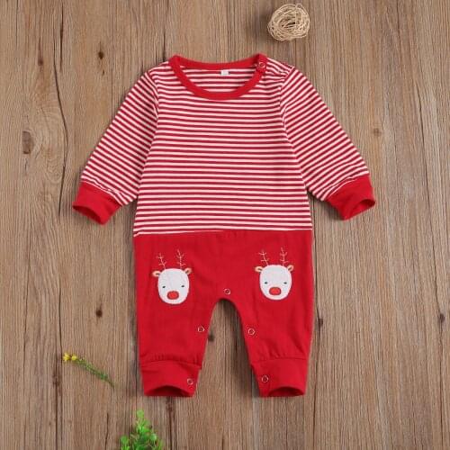 Baby Boys Girls Jumpsuit For Christmas Striped Round Neck Long Sleeve Cartoon Stripe Creepers Romper 0-18M