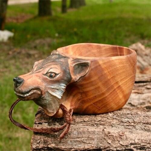 Home Accessories Wooden Mug Animal Shape Portable Camping Drinking Cup Hand Carved Outdoor Cup With Lanyard For Coffee Tea Milk