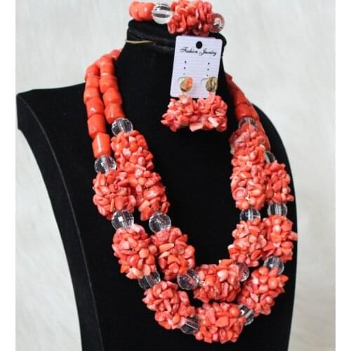 DUDO Original Nigerian Big Coral Weddind Jewelry Orange 2 Layers Necklace Bracelet Earrings Nature Coral Beads
