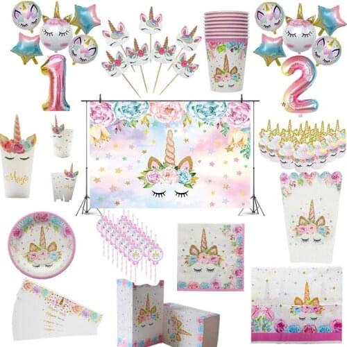 Unicorn Party Supplies Tableware Set Unicorni Tablecloth Paper Cup Napkins Banner Cake Topper Wedding Baby Shower Decorations