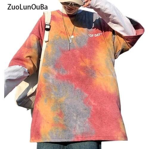 ZuoLunOuBa Streetwear Summer Casual Women T Shirt Print Letter Of Day Harajuku Tie-dye Korean Loose Tees Pink Tops Female