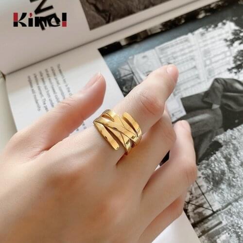 Kinel 100% Real 925 Sterling Silver Rings for Women Vintage Silver Punk Width Surface Weave 18k Gold Jewelry Open Ring